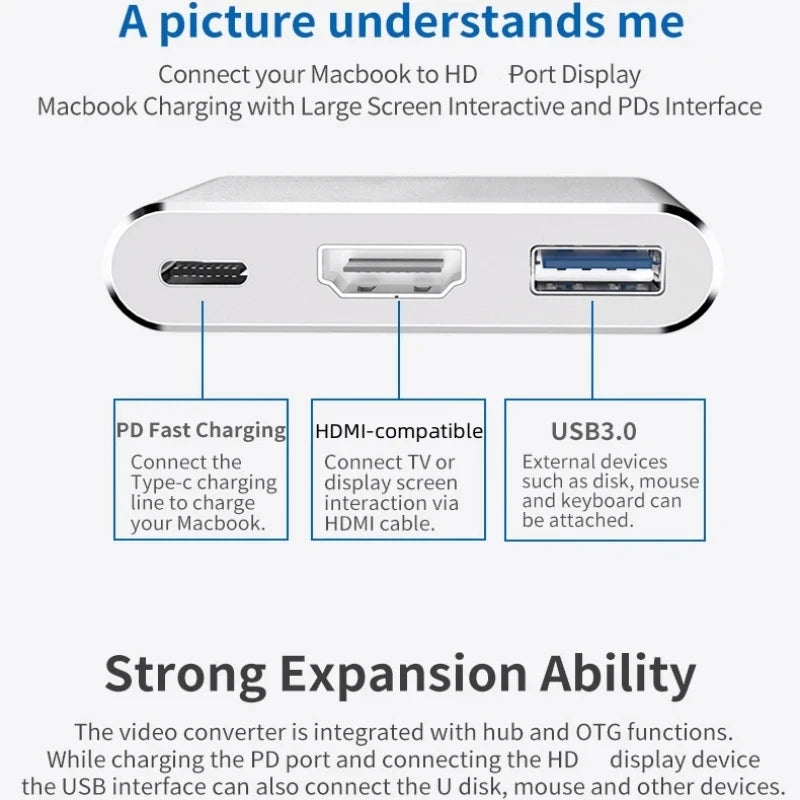 3 In 1 Usb-C Usb Hub Male To Female Hdmi-Compatible 4k Usb 3.1 Type-C To Usb 3.0 Charging Adapter For Macbook Air 12 Converter