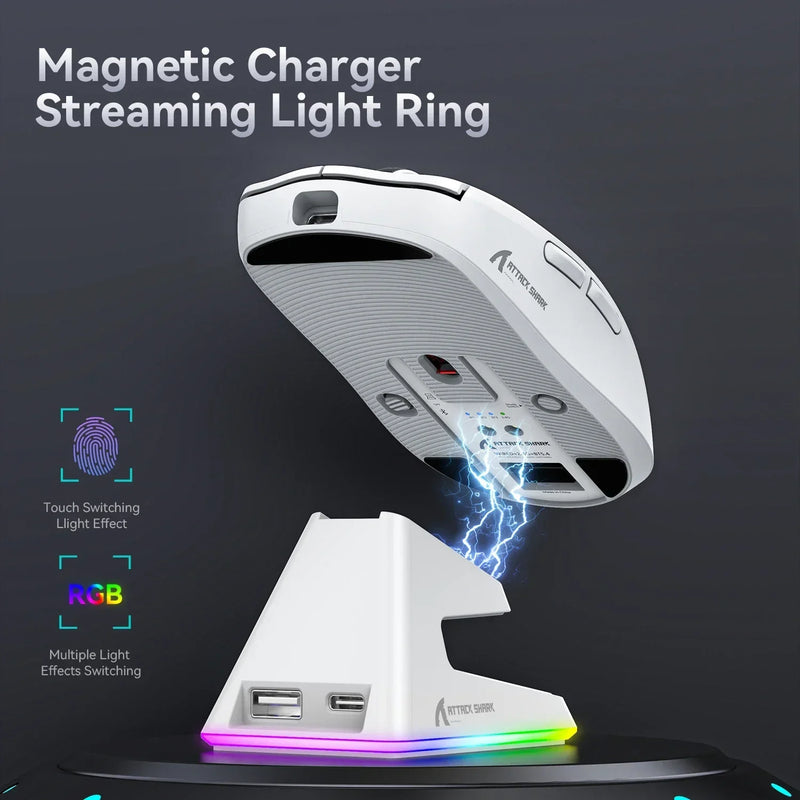 Attack Shark X6 PAW3395 2.4G Wireless Bluetooth Mouse Tri-Mode Connectivity  RGB Touch Magnetic Charging Dock Macro Gaming Mouse