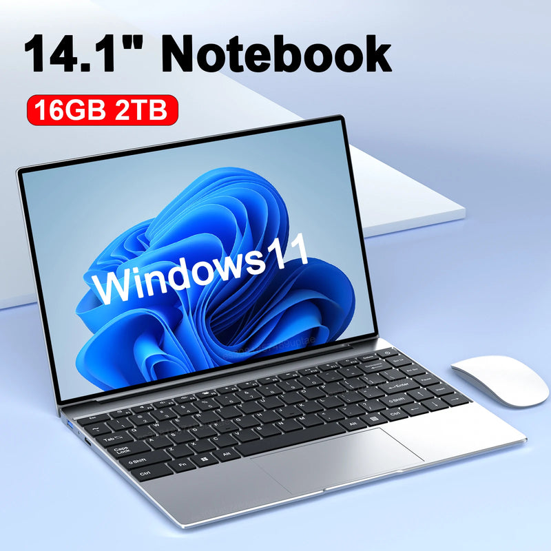 14.1" Ultra Slim Laptop 16GB RAM 2TB SSD Intel N3700 Notebook Gamer Windows 11 Pro 1920*1080  Display Office Study Computer PC