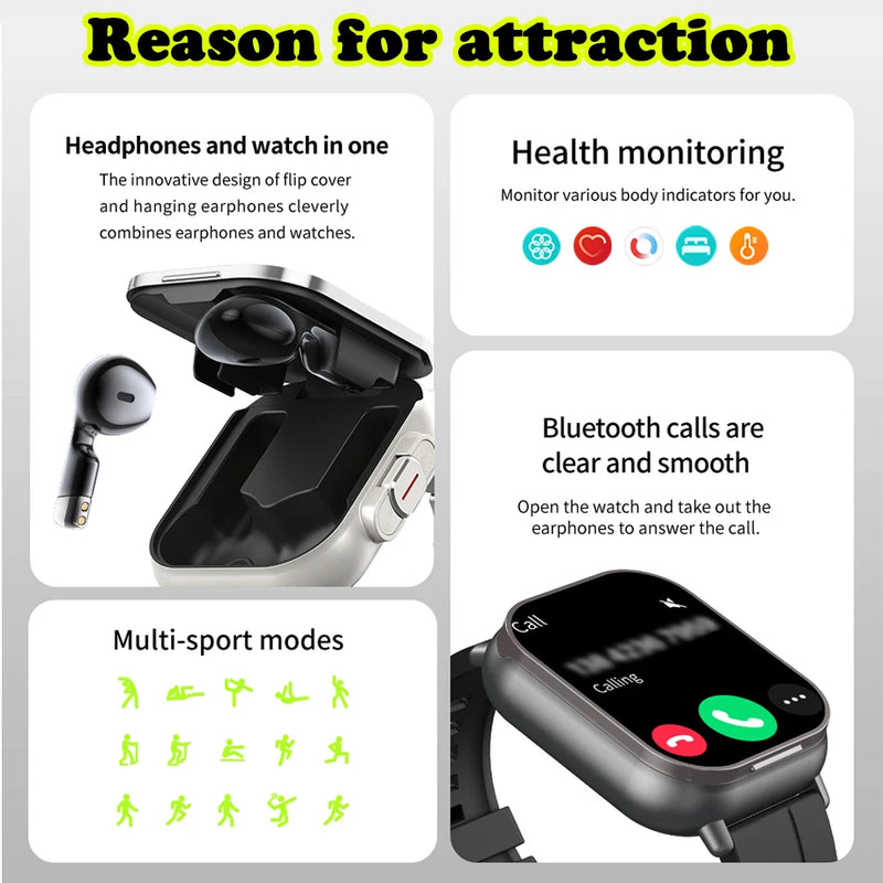 2024 Smart Watch 2 in 1 With Earphone Smartwatch Bluetooth Call Men Watch GPS Track Heart Rate Monitor Play Music SmartWatch